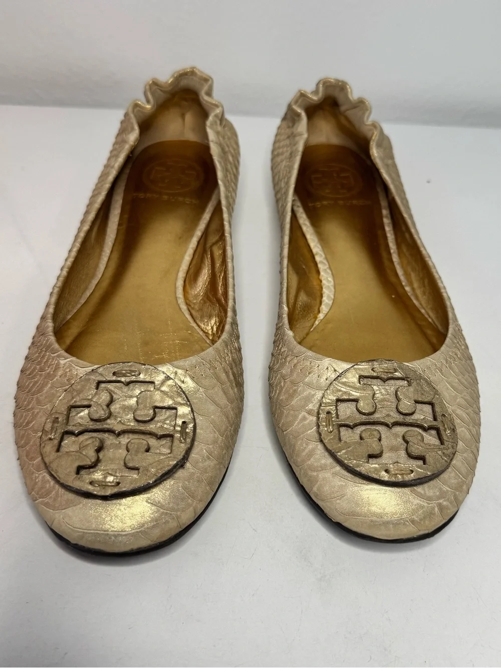 Tory Burch Champagne Metallic Leather Logo Ballet Flats 7.5